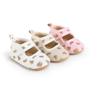 Soft fabric baby walking shoes with heart print in white, beige, and pink colors.