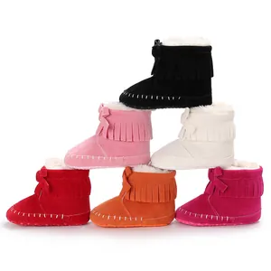 Cozy multi-colored fringe baby boots with soft soles and warm faux fur lining