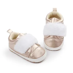Rose gold baby princess shoes with soft soles and white faux fur trim for toddlers.