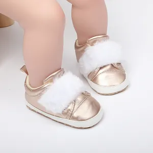 Champagne baby girl princess shoes with white faux fur detail on soft anti-slip soles