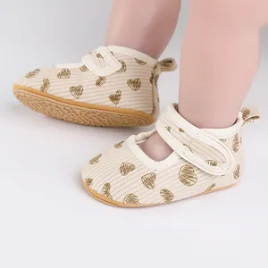 Detailed view of infant walking shoes with heart pattern and non-slip rubber sole