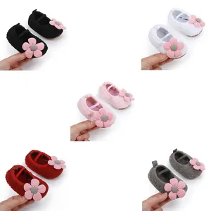 Infant Baby Girl Soft Sole Walking Shoes Princess Bow Flower Sherpa Fleece Prewalker Shoes Comfortable Non-Slip Crib Shoes