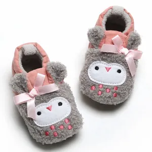 Cozy warm grey owl-themed baby walking shoes with pink bows and soft grey fleece lining