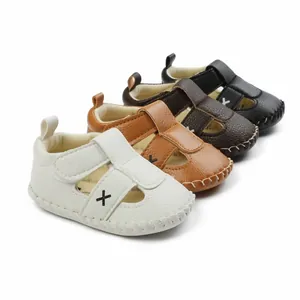 Detailed view showing four colors of soft-sole leather baby sandals for toddlers aged 0-1