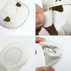 Close-up of white baby walker sandals showing soft leather texture and flexible sole