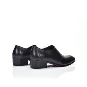 Detailed side and rear view of elegant black leather slip-on dress shoes for men