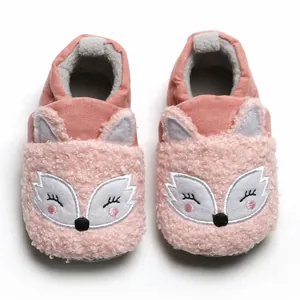 Cute pink fox embroidered baby slippers with soft warm plush fleece lining for winter