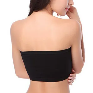 Back view of a seamless black bandeau bra, showing the strapless design and soft fabric