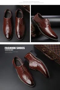Vue détaillée des chaussures Brogue en cuir marron à bout golf avec lacets élégants.