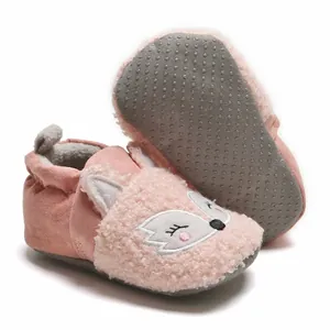 Detailed view of cute pink fox-themed baby pre-walker shoes featuring non-slip grippy soles