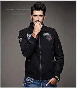Detailed front view of men's military style cotton bomber jacket with decorative patches