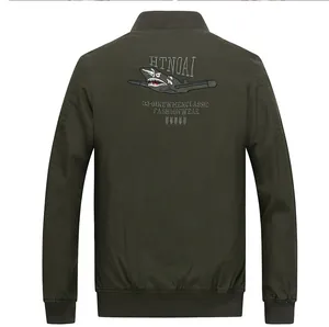 Detailed back view of men's military green cotton bomber jacket with shark embroidery