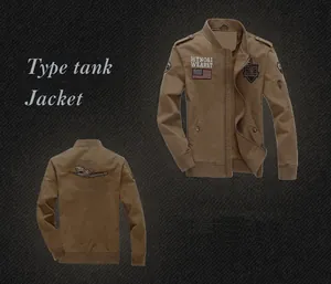 Detailed front and back views of a khaki military cotton bomber jacket with patches.