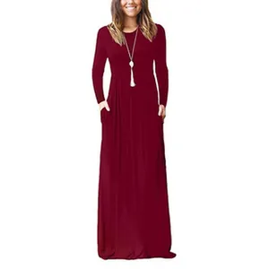 Élégante robe longue bordeaux à manches longues avec col rond et poches latérales pour femmes