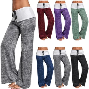 Women High Waist Wide Leg Yoga Pants Heathered Cotton Spandex Trousers Drawstring Casual Activewear Sporty Bottom