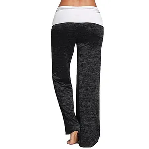 Detailed back view of women's wide-leg yoga pants featuring a white fold-over waistband