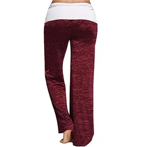 Back view of women's maroon heathered wide-leg yoga pants with white waistband.