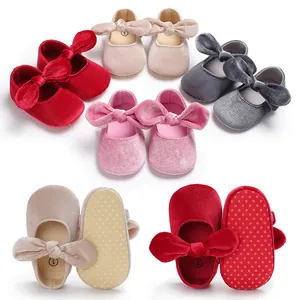 Soft velvet baby princess shoes with decorative bows and anti-slip soles in colors