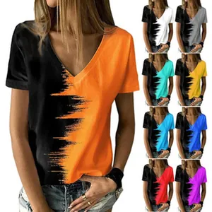 Women's V-neck T-shirt with splash color block design available in multiple colors