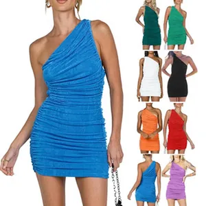Vibrant one-shoulder ruched bodycon mini dress shown in various colors for women.