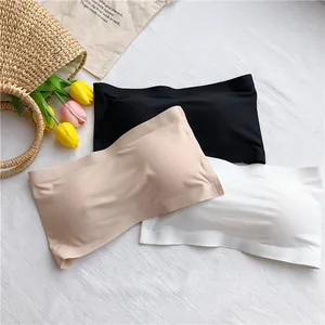 Premium set of three seamless strapless ice silk tube tops in black, beige, and white