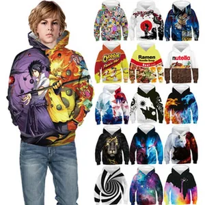 Collage of boys' 3D printed hoodies with various anime characters and food brand designs.