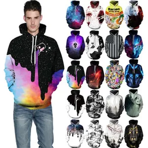 Detailed view of various 3D printed galaxy and animal pattern hoodies for men styles