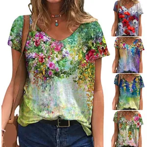 Detailed view of women's floral V-neck T-shirt with multiple colorful print variants.
