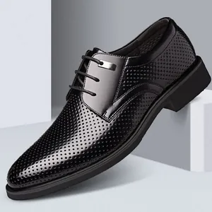 Men's Business Formal Cowhide Leather Shoes Internal Heightening Oxford Shoes Breathable Hollow Wedding Shoes For Groom