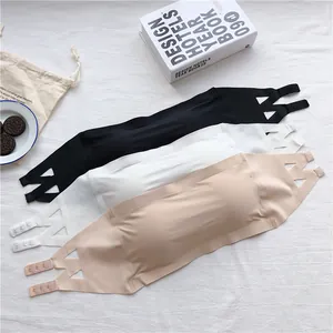 Seamless ice silk strapless bandeaus in black, white, and nude with 3-row hooks.