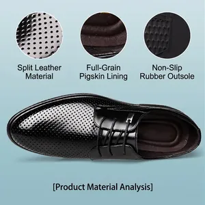Men's breathable black leather dress shoes with rubber sole and perforated upper detail