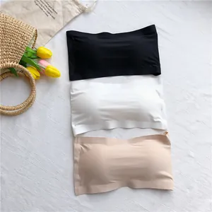 Detailed view of three seamless ice silk tube tops in black, white, and nude beige colors.