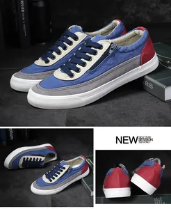 Detaillierte Collage von atmungsaktiven Herren-Canvas-Schuhen in Blau und Rot mit Reißverschluss.