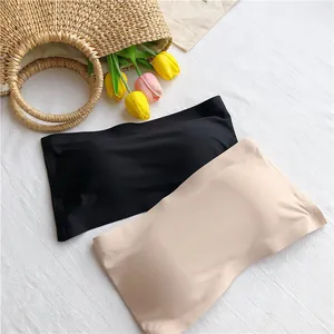 Close-up detail of seamless ice silk strapless bandeau bras in black and beige colors