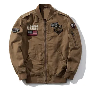Premium men's khaki cotton bomber jacket featuring military-style embroidered chest patches