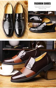 Detail view of shiny men's patent leather formal shoes with elegant metal buckle