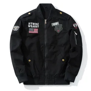Military style black cotton bomber jacket for men featuring embroidered patches