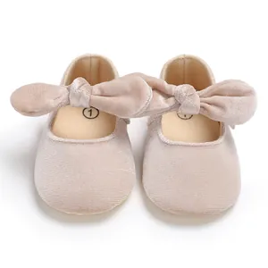 Sweet pink soft velvet baby princess walking shoes with decorative large bow details