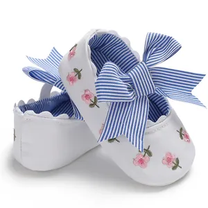 Vue détaillée de chaussures de princesse pour bébé avec broderies et nœud à rayures