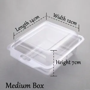 Detail view of medium-sized clear plastic packaging box for baby shoes with dimensions