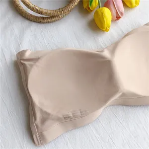 Seamless ice silk bandeau bra in beige with soft interior texture and care label detail