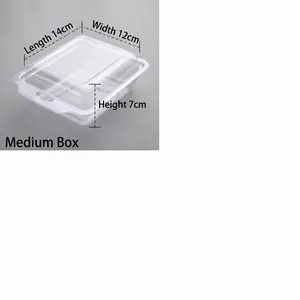 Detailed dimensions of medium clear plastic baby shoe box: 14cm x 12cm x 7cm