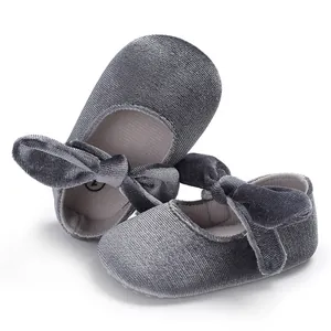 Elegant grey velvet baby princess shoes with soft sole and decorative bow detail