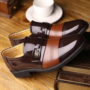 Elegant men's glossy brown color-block formal business dress shoes with breathable non-slip sole