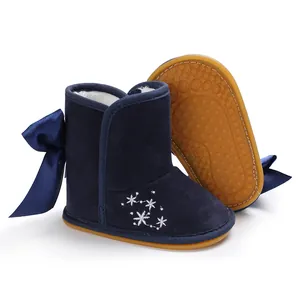 Dunkelblaue Baby-Winterstiefel mit Seidenschleife und rutschfester Gummisohle für Mädchen