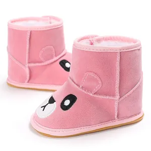 Detailed view of pink cartoon panda baby winter boots with warm plush lining