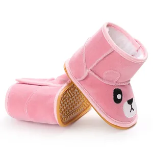 Warm pink baby winter boots with cartoon panda design and non-slip rubber soles