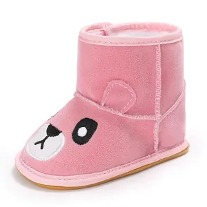 Cozy pink infant snow boots featuring a cute cartoon panda face and non-slip rubber soles