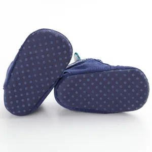 Detailed close-up of navy blue baby walking shoes with non-slip dotted soft soles.