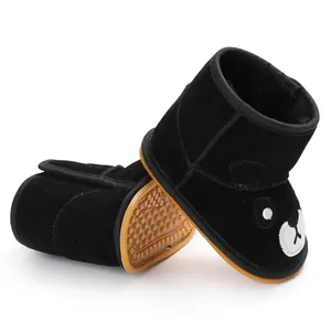 Cozy black cartoon bear baby winter boots with non-slip gum rubber soles and fleece lining
